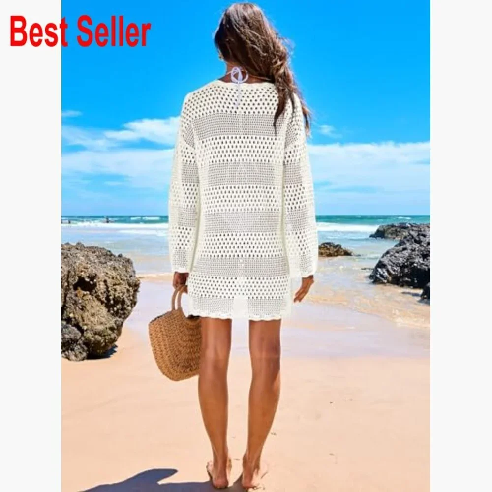 Crochet Mesh Knit Beach Cover Up Dress Long Sleeve